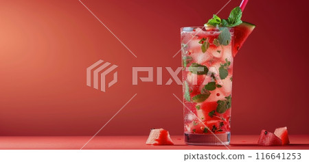 Refreshing Red Drink With Mint And Ice On Red Background 116641253