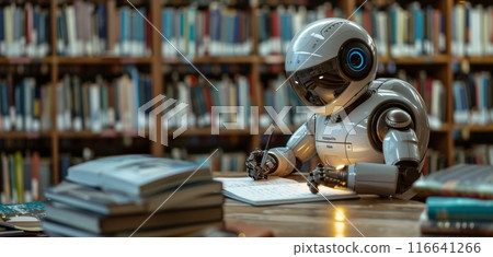A White Robot Writes in a Library, Surrounded by Bookshelves 116641266