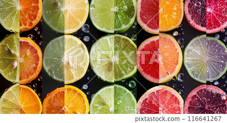 Colorful Citrus Fruit Slices on a Black Background 116641267