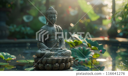 Buddha Statue Meditating in Tranquil Garden Pond 116641276
