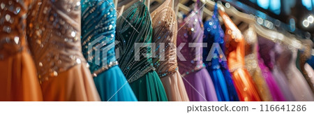 Colorful Sequined Dresses Hanging in Retail Store 116641286