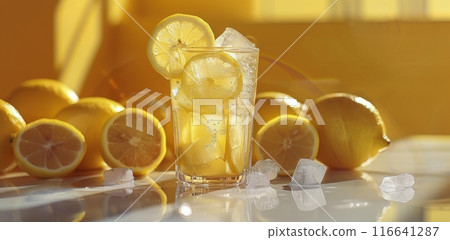 Refreshing Lemonade With Lemons and Ice Cubes on a Yellow Background 116641287