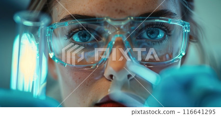 Close Up Of A Female Scientist Wearing Safety Glasses In A Laboratory 116641295