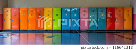 Row of Colorful Lockers in a School Hallway 116641318