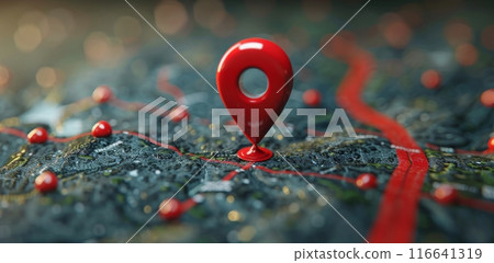 Red Location Pin on Dark Textured Surface With Glowing Lights 116641319