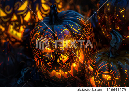 Generative Ai illustration. Halloween pumpkins with scary lanterns in the dark. 116641379