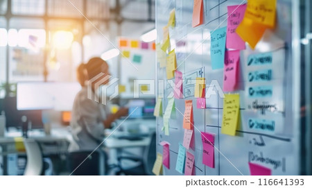 Whiteboard Full of Colorful Sticky Notes in Dynamic Work Environment Whiteboard Full of Colorful Sticky Notes in Dynamic Work Environment 116641393
