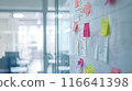 Whiteboard Full of Colorful Sticky Notes in Dynamic Work Environment 116641398