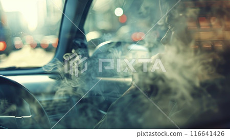 Car's Overheated Radiator with Steam and Frantic Phone-Checking Figure in Background 116641426