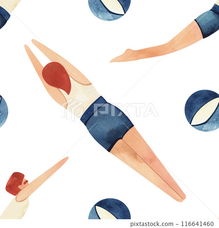 An athlete - a man in a white T-shirt and blue swimming trunks swims surrounded by inflatable striped beach balls. Vintage style. Seamless watercolor pattern, hand drawn. White background. An athlete - a man in a white T-shirt and blue swimming trunks swims surrounded by inflatable striped beach balls. Vintage style. Seamless watercolor pattern, hand drawn. White background. 116641460