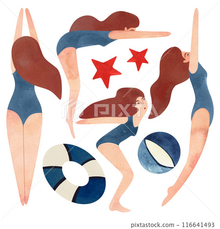 Set of athletes: swimmers and divers. Women in blue swimsuits with brown hair. Striped beach ball and lifebuoy. Vintage style. Watercolor isolated illustration for the design of diplomas and sports Set of athletes: swimmers and divers. Women in blue swimsuits with brown hair. Striped beach ball and lifebuoy. Vintage style. Watercolor isolated illustration for the design of diplomas and sports 116641493