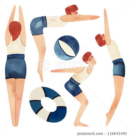 Set of athletes: swimmers and divers. Men in white T-shirts and blue swimming trunks. Striped beach ball and lifebuoy. Vintage style. Watercolor isolated illustration for the design of diplomas and Set of athletes: swimmers and divers. Men in white T-shirts and blue swimming trunks. Striped beach ball and lifebuoy. Vintage style. Watercolor isolated illustration for the design of diplomas and 116641495