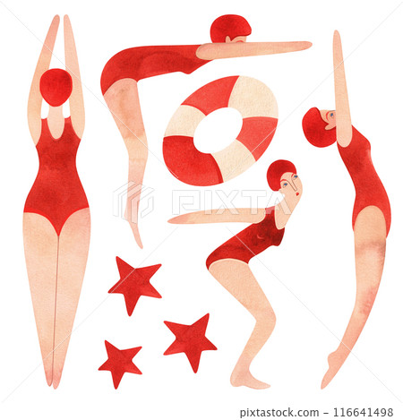 Set of athletes: swimmers and divers. Women in red swimsuits and red bathing caps. Striped beach ball and lifebuoy. Vintage style. Watercolor isolated illustration for the design of diplomas and Set of athletes: swimmers and divers. Women in red swimsuits and red bathing caps. Striped beach ball and lifebuoy. Vintage style. Watercolor isolated illustration for the design of diplomas and 116641498