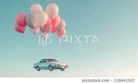 Futuristic Car Model Suspended by Balloons in Clear Sky with Professional Lighting 116641507
