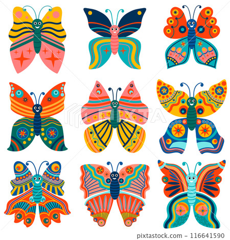 Cute set of bright funny ornamental  butterflies isolated on white background. 116641590