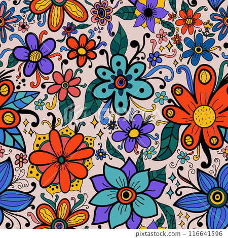 Colorful hand drawn floral doodle ink seamless pattern with fantasy flowers, petals, leaves and swirls. Background, textile, wrapping paper, etc. Colorful hand drawn floral doodle ink seamless pattern with fantasy flowers, petals, leaves and swirls. Background, textile, wrapping paper, etc. 116641596
