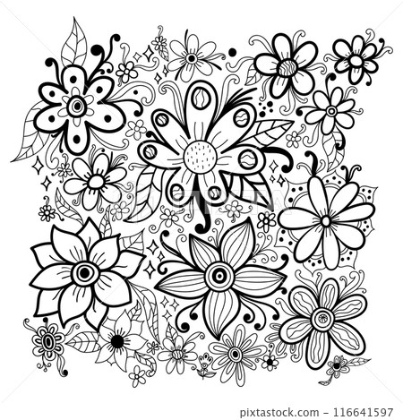 Floral doodle ink coloring book page, card, poster isolated on white. Doodle flowers, leaves, curls, swirls. Floral doodle ink coloring book page, card, poster isolated on white. Doodle flowers, leaves, curls, swirls. 116641597
