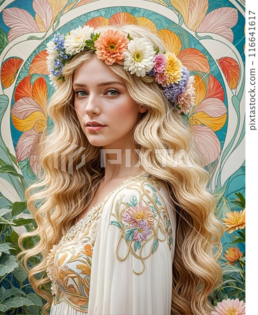 portrait of a beautiful fashion model girl with long blonde curls, blue eyes and a wreath on colored floral ornament. Romantic hippie vintage bohemian modern style. High quality photo portrait of a beautiful fashion model girl with long blonde curls, blue eyes and a wreath on colored floral ornament. Romantic hippie vintage bohemian modern style. High quality photo 116641617