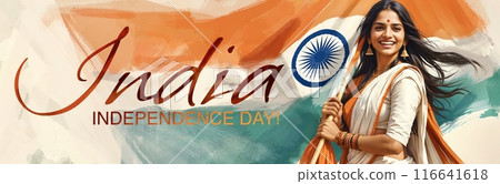 Banner India independence day Beautiful young Indian woman holding the flag of India. Digital illustration. High quality illustration with text. Ai generated Banner India independence day Beautiful young Indian woman holding the flag of India. Digital illustration. High quality illustration with text. Ai generated 116641618