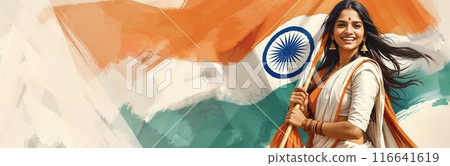 Web Banner India independence day Beautiful young Indian woman holding the flag of India. Blank copy space background. Digital illustration. High quality illustration. Ai generated  116641619