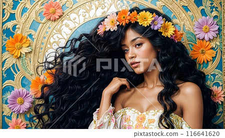 portrait of a beautiful fashion african american model girl with long black curls and a wreath on colored floral ornament. Romantic vintage style. High quality photo portrait of a beautiful fashion african american model girl with long black curls and a wreath on colored floral ornament. Romantic vintage style. High quality photo 116641620