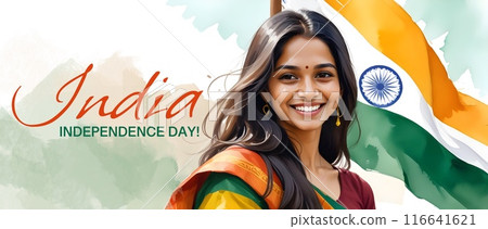 Banner India independence day Beautiful young Indian woman against the flag of India. Digital illustration. High quality illustration with text. Ai generated  116641621