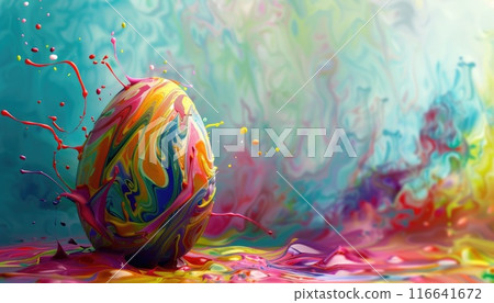 A colorful egg is sitting on top of a splash of paint by AI generated image 116641672