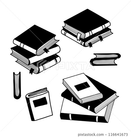 Books doodles. Closed and stacks of folded books collection. Vector illustration. Isolated hand drawing for design and decoration 116641673