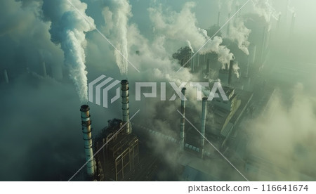 A city skyline with smoke billowing from the factories by AI generated image 116641674