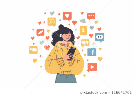 A woman is holding a cell phone and looking at it by AI generated image A woman is holding a cell phone and looking at it by AI generated image 116641701