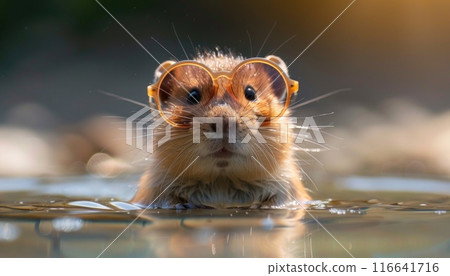 A small brown mouse wearing glasses is swimming in a pool by AI generated image A small brown mouse wearing glasses is swimming in a pool by AI generated image 116641716