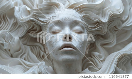 White sculpture of woman's face, white background with geometric shapes. Created with Generative AI 116641877
