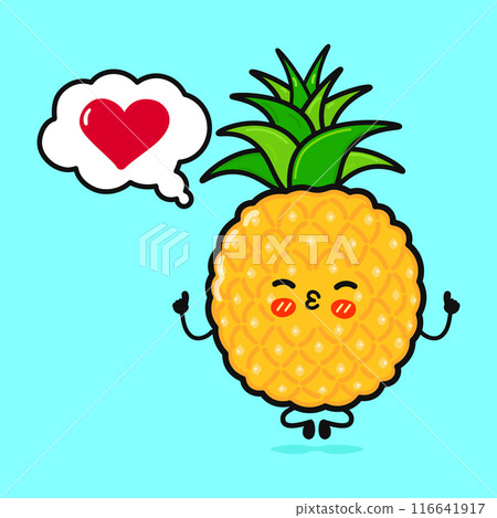 Pineapple doing yoga with speech bubble. Vector hand drawn cartoon kawaii character illustration icon. Isolated on blue background. Pineapple in love character concept Pineapple doing yoga with speech bubble. Vector hand drawn cartoon kawaii character illustration icon. Isolated on blue background. Pineapple in love character concept 116641917