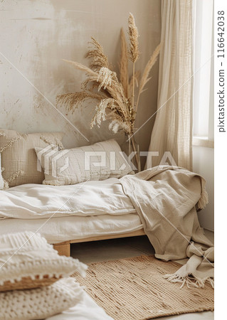 Boho living room, minimalist aesthetic with natural elements and textures, ideal for home decor magazines, interior design portfolios, lifestyle blogs. Peaceful stylish living space. Generative AI. 116642038