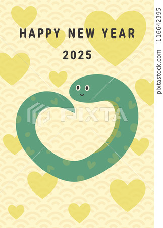 新年賀卡,上面畫著一條被心包圍的蛇 新年賀卡,上面畫著一條被心包圍的蛇 116642395