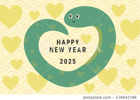 New Year's card with an illustration of a snake surrounded by hearts New Year's card with an illustration of a snake surrounded by hearts 116642396