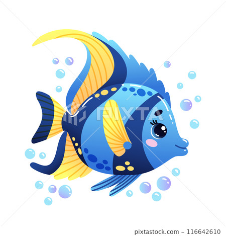 Vector Illustration of a colorful cartoon tropical fish with vibrant blue and yellow fins, surrounded by playful bubbles 116642610