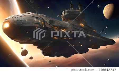 A huge black spaceship made of pyrite flying through space 116642737