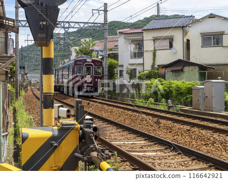 A train with a headmark running through a residential area A train with a headmark running through a residential area 116642921