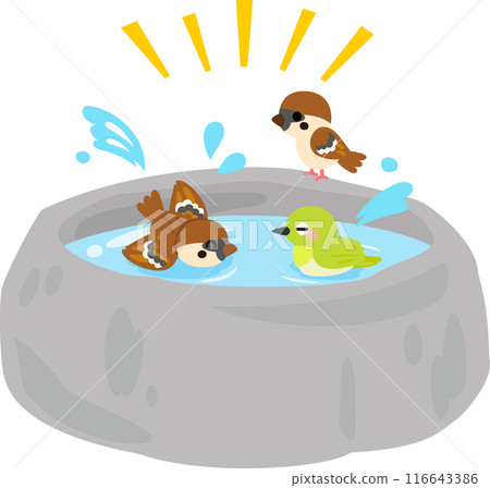 Sparrows and Japanese white-eyes bathing in a stone birdbath 116643386