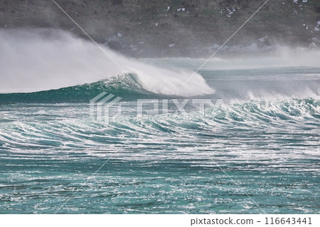 Stormy Waves Breaking Near The Sea Shore 116643441