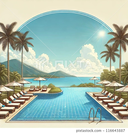 Resort pool, sea, sky and mountains 116643887