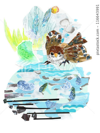 一幅拼貼畫中沐浴的麻雀的風景插圖 116643991