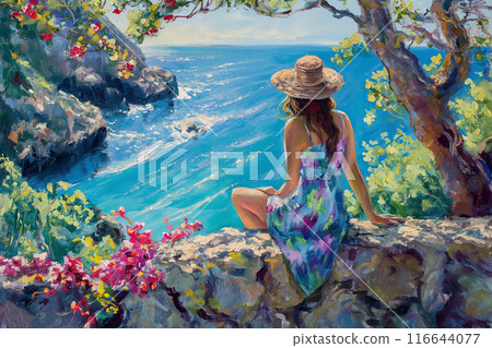 Young woman looking at the sea in summer 116644077