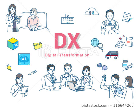Illustration set of medical professionals promoting and working on digital transformation Illustration set of medical professionals promoting and working on digital transformation 116644263