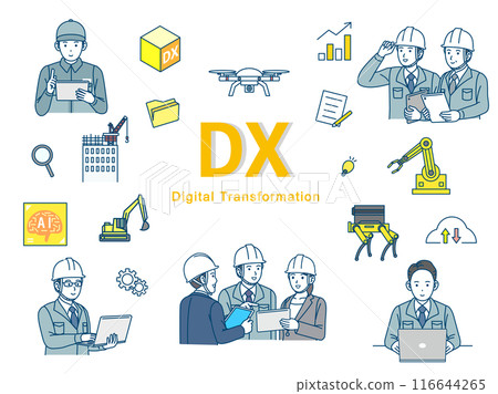 Illustration set of construction and manufacturing industries promoting and working on digital transformation 116644265