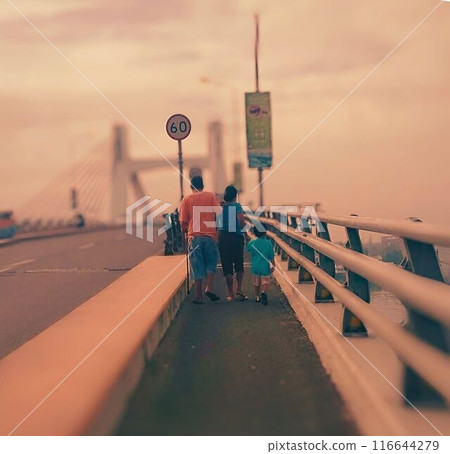 沐浴在夕陽下過橋的一家人 沐浴在夕陽下過橋的一家人 116644279