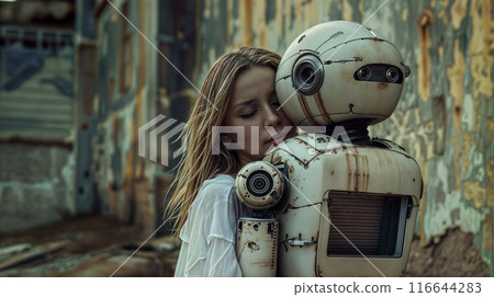 Tender moment between a woman and a futuristic robot 116644283