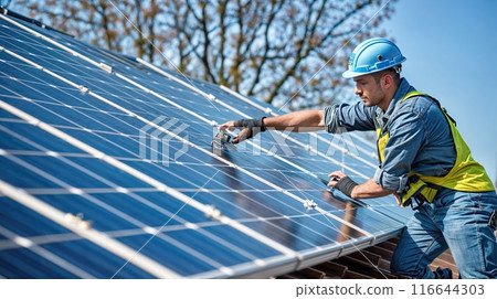 Solar engineer installing PV panels on a bright sunny day Solar engineer installing PV panels on a bright sunny day 116644303