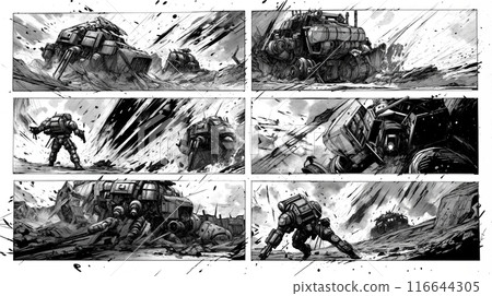 Dynamic storyboard sequence of futuristic exploration mission 116644305